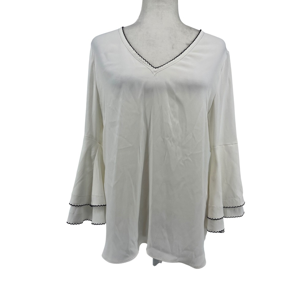 White‎ House Black Market Blouse Womens 10 White Bell Sleeve Ric Rac Trim